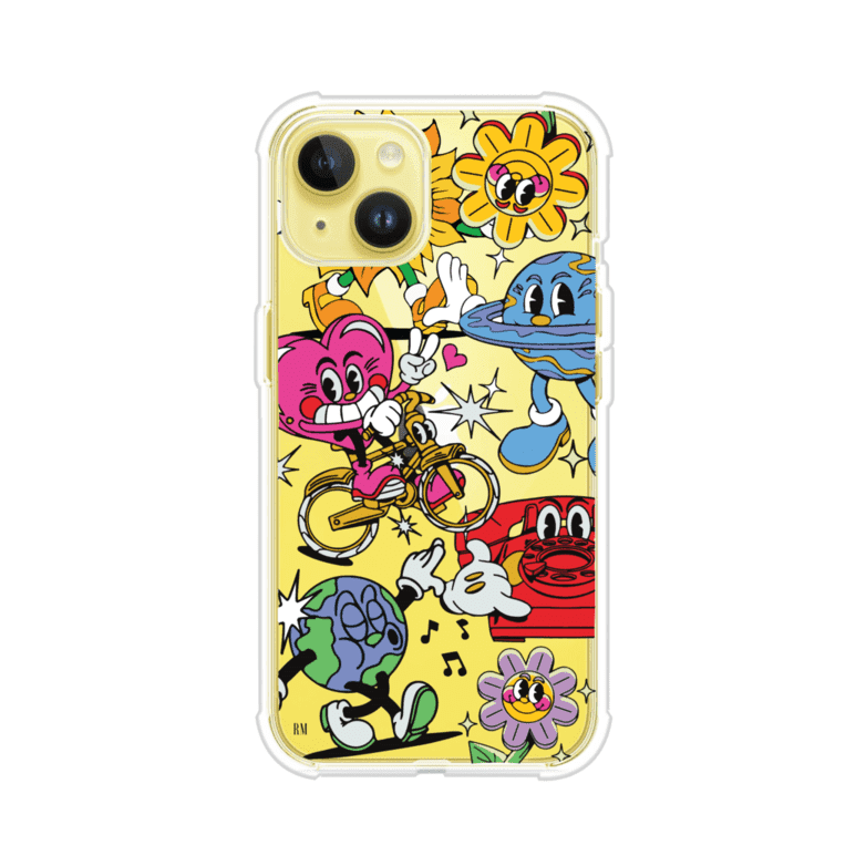 Funda personalizada para iPhone con ilustraciones coloridas de estilo pop art, creada por Nelson Art; diseño con flores, planetas, manos y personajes animados, producto de Remark MX