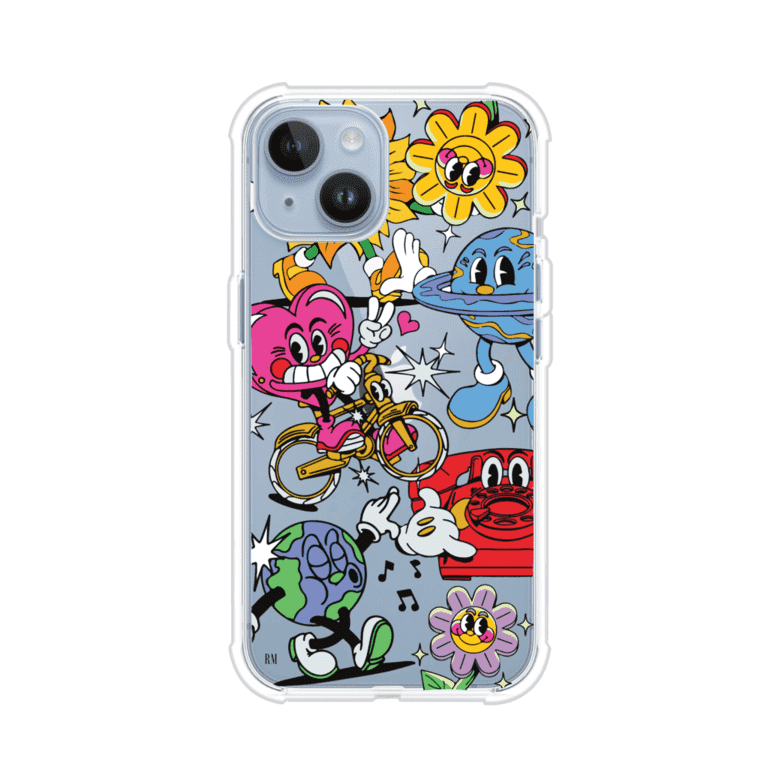 Funda personalizada para iPhone con ilustraciones coloridas de estilo pop art, creada por Nelson Art; diseño con flores, planetas, manos y personajes animados, producto de Remark MX