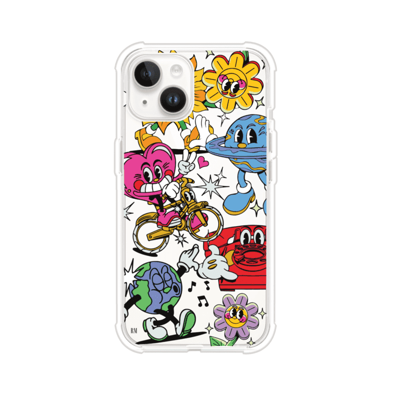 Funda personalizada para iPhone con ilustraciones coloridas de estilo pop art, creada por Nelson Art; diseño con flores, planetas, manos y personajes animados, producto de Remark MX