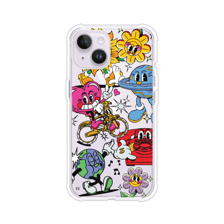 Funda personalizada para iPhone con ilustraciones coloridas de estilo pop art, creada por Nelson Art; diseño con flores, planetas, manos y personajes animados, producto de Remark MX