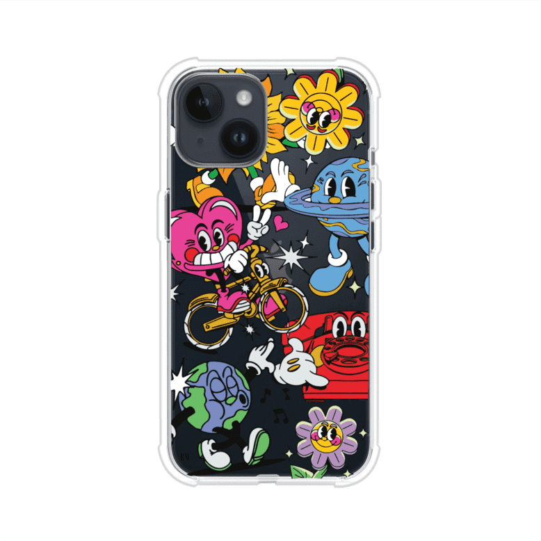 Funda personalizada para iPhone con ilustraciones coloridas de estilo pop art, creada por Nelson Art; diseño con flores, planetas, manos y personajes animados, producto de Remark MX