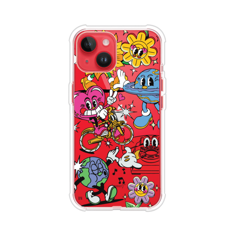 Funda personalizada para iPhone con ilustraciones coloridas de estilo pop art, creada por Nelson Art; diseño con flores, planetas, manos y personajes animados, producto de Remark MX