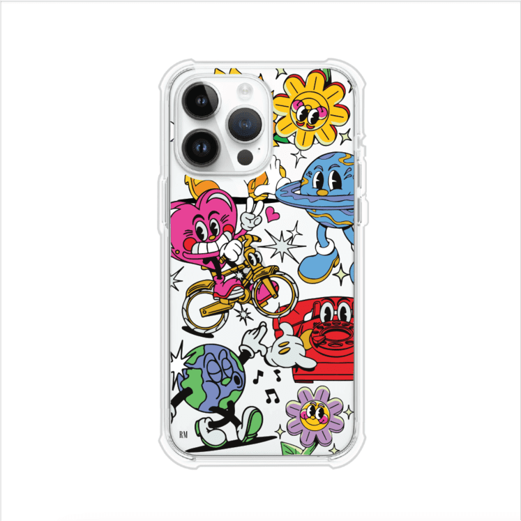 Funda personalizada para iPhone con ilustraciones coloridas de estilo pop art, creada por Nelson Art; diseño con flores, planetas, manos y personajes animados, producto de Remark MX
