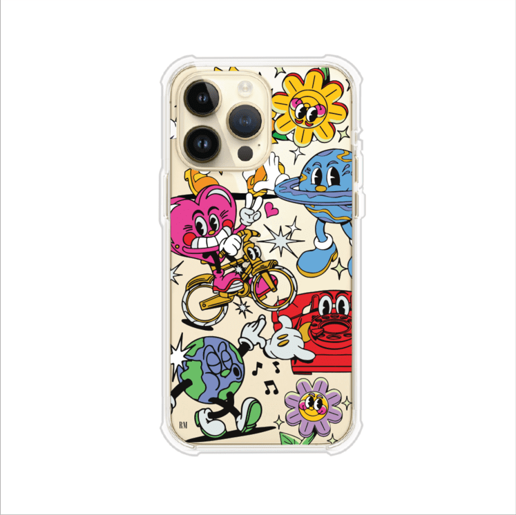 Funda personalizada para iPhone con ilustraciones coloridas de estilo pop art, creada por Nelson Art; diseño con flores, planetas, manos y personajes animados, producto de Remark MX