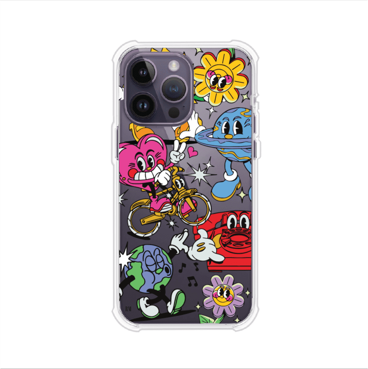 Funda personalizada para iPhone con ilustraciones coloridas de estilo pop art, creada por Nelson Art; diseño con flores, planetas, manos y personajes animados, producto de Remark MX