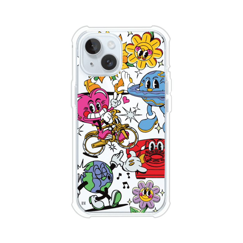 Funda personalizada para iPhone con ilustraciones coloridas de estilo pop art, creada por Nelson Art; diseño con flores, planetas, manos y personajes animados, producto de Remark MX