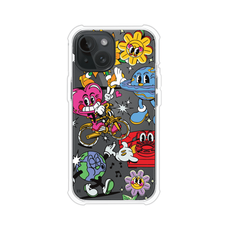 Funda personalizada para iPhone con ilustraciones coloridas de estilo pop art, creada por Nelson Art; diseño con flores, planetas, manos y personajes animados, producto de Remark MX