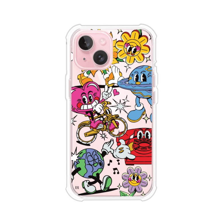 Funda personalizada para iPhone con ilustraciones coloridas de estilo pop art, creada por Nelson Art; diseño con flores, planetas, manos y personajes animados, producto de Remark MX