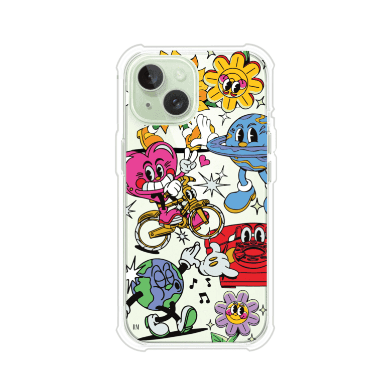 Funda personalizada para iPhone con ilustraciones coloridas de estilo pop art, creada por Nelson Art; diseño con flores, planetas, manos y personajes animados, producto de Remark MX