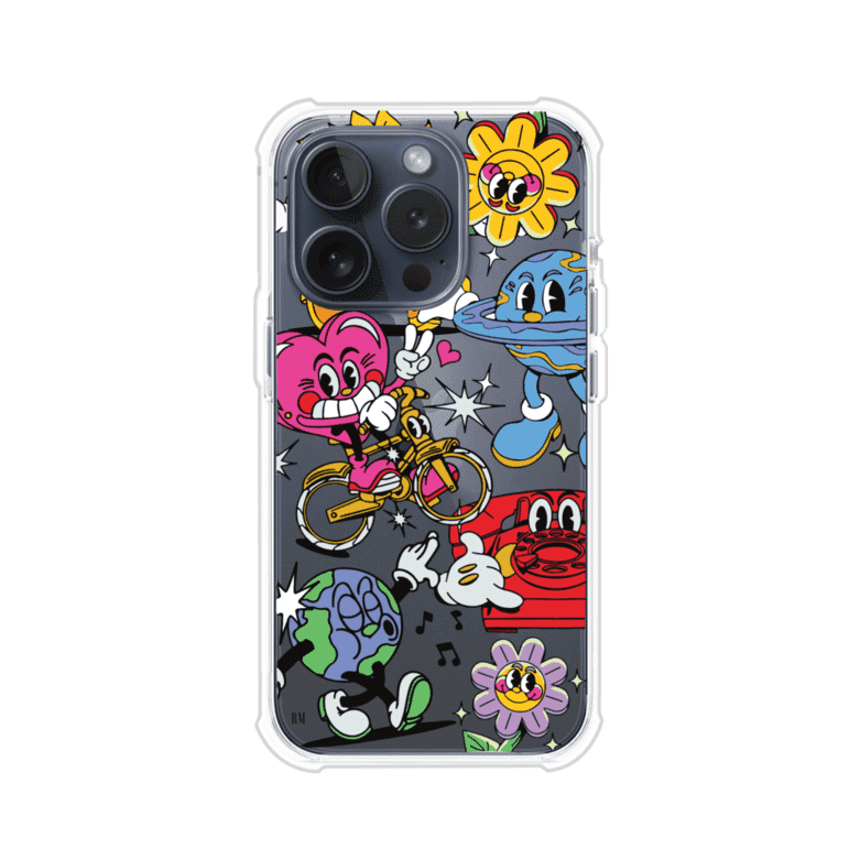 Funda personalizada para iPhone con ilustraciones coloridas de estilo pop art, creada por Nelson Art; diseño con flores, planetas, manos y personajes animados, producto de Remark MX