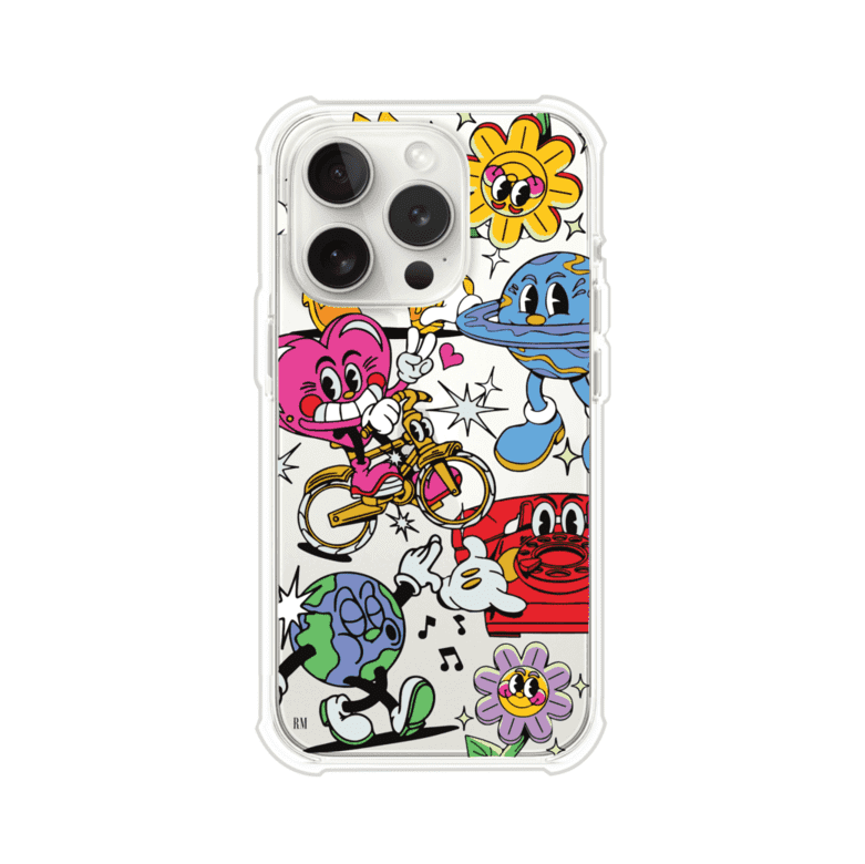 Funda personalizada para iPhone con ilustraciones coloridas de estilo pop art, creada por Nelson Art; diseño con flores, planetas, manos y personajes animados, producto de Remark MX