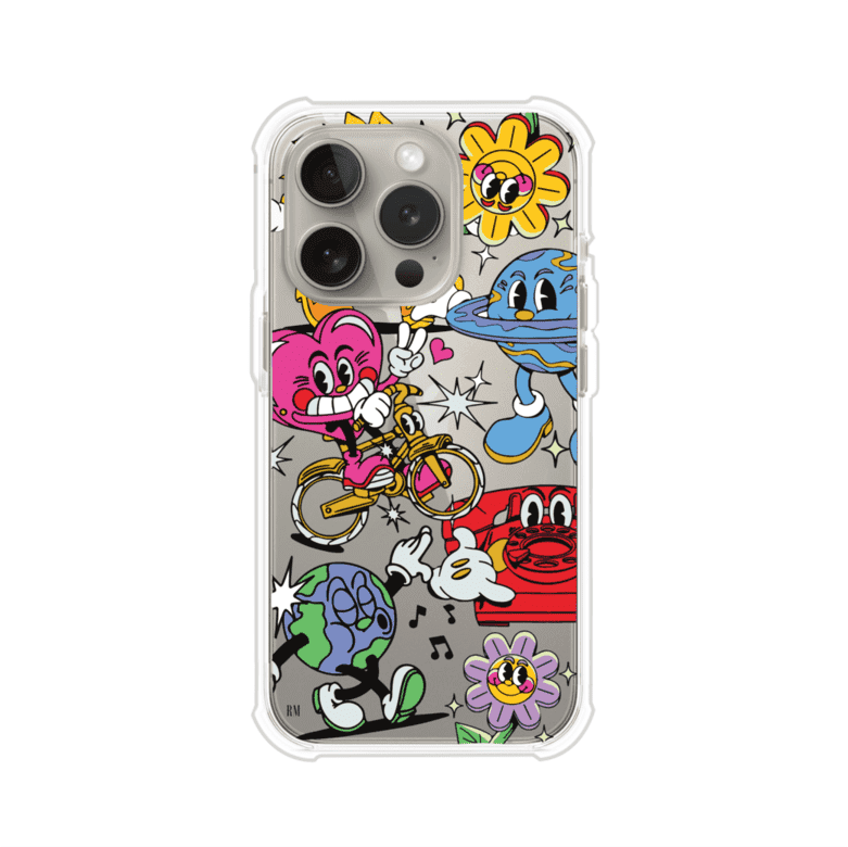 Funda personalizada para iPhone con ilustraciones coloridas de estilo pop art, creada por Nelson Art; diseño con flores, planetas, manos y personajes animados, producto de Remark MX