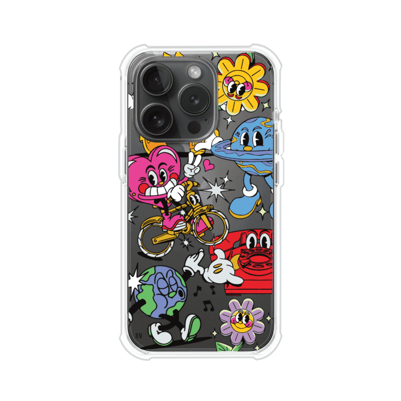 Funda personalizada para iPhone con ilustraciones coloridas de estilo pop art, creada por Nelson Art; diseño con flores, planetas, manos y personajes animados, producto de Remark MX