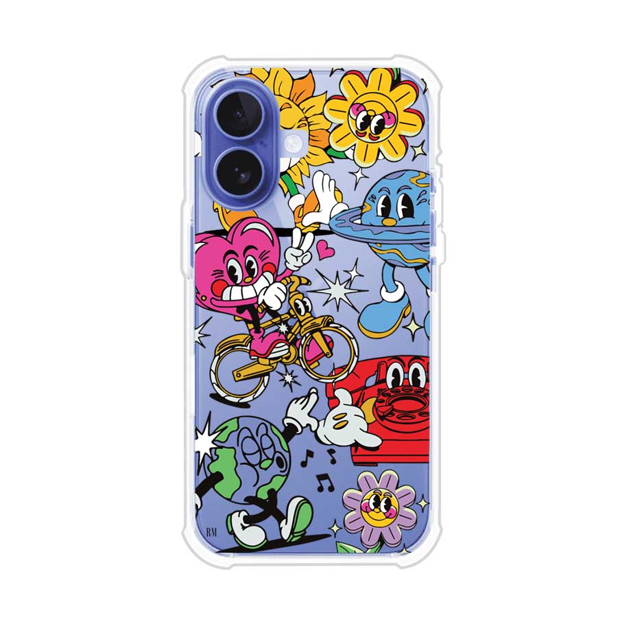 Funda personalizada para iPhone con ilustraciones coloridas de estilo pop art, creada por Nelson Art; diseño con flores, planetas, manos y personajes animados, producto de Remark MX