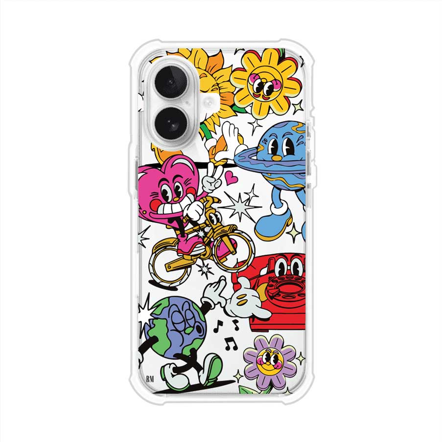 Funda personalizada para iPhone con ilustraciones coloridas de estilo pop art, creada por Nelson Art; diseño con flores, planetas, manos y personajes animados, producto de Remark MX