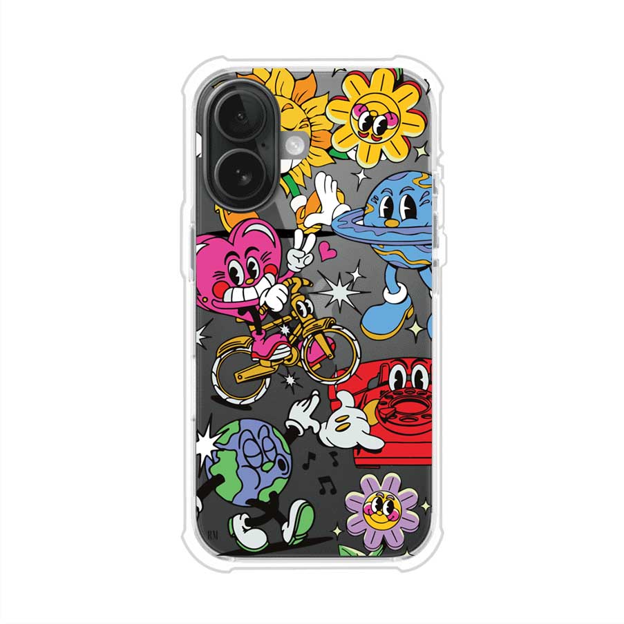 Funda personalizada para iPhone con ilustraciones coloridas de estilo pop art, creada por Nelson Art; diseño con flores, planetas, manos y personajes animados, producto de Remark MX