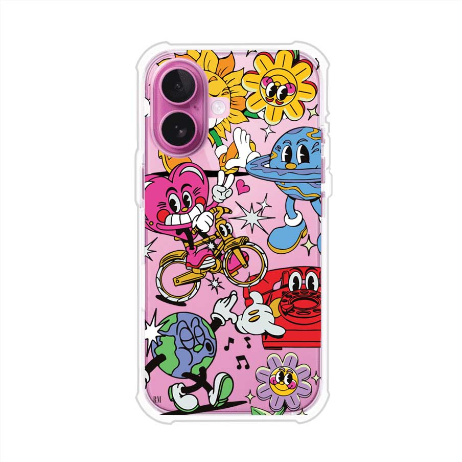 Funda personalizada para iPhone con ilustraciones coloridas de estilo pop art, creada por Nelson Art; diseño con flores, planetas, manos y personajes animados, producto de Remark MX