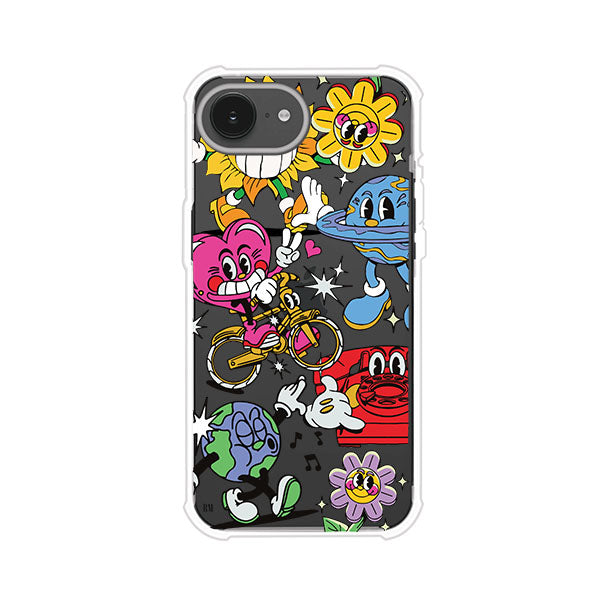 Funda personalizada para iPhone con ilustraciones coloridas de estilo pop art, creada por Nelson Art; diseño con flores, planetas, manos y personajes animados, producto de Remark MX