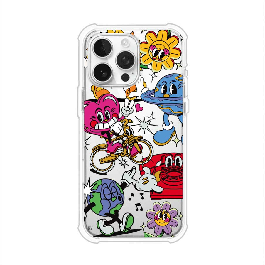 Funda personalizada para iPhone con ilustraciones coloridas de estilo pop art, creada por Nelson Art; diseño con flores, planetas, manos y personajes animados, producto de Remark MX