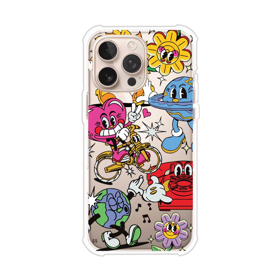 Funda personalizada para iPhone con ilustraciones coloridas de estilo pop art, creada por Nelson Art; diseño con flores, planetas, manos y personajes animados, producto de Remark MX