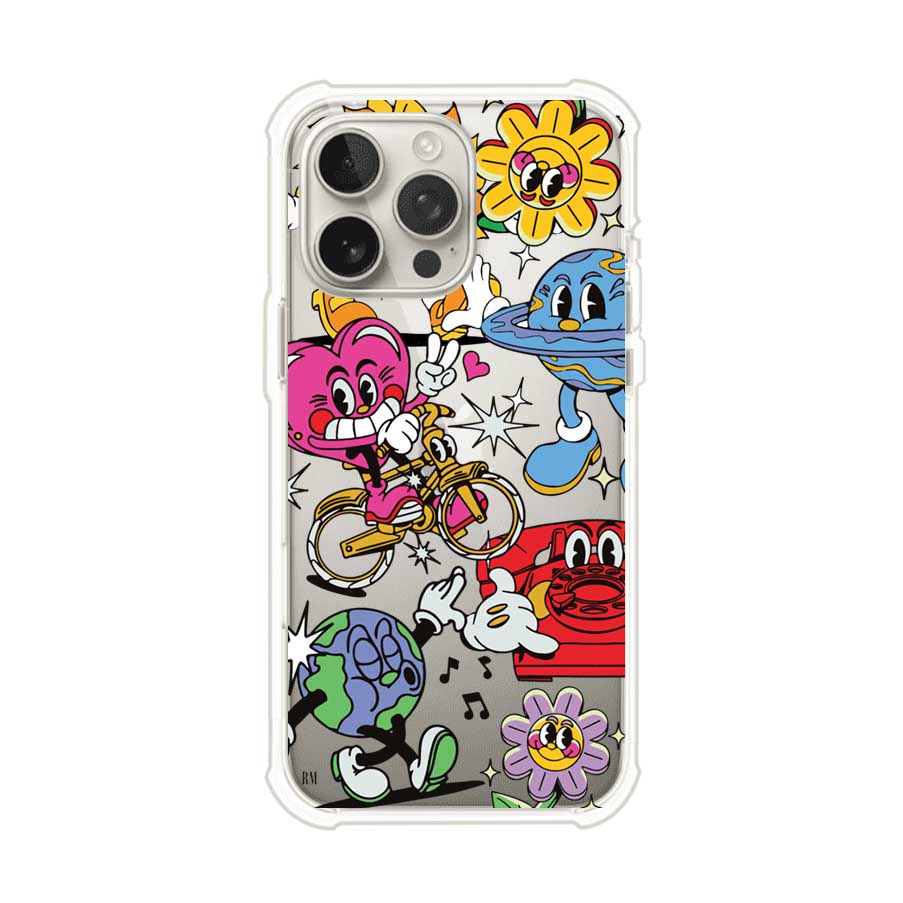 Funda personalizada para iPhone con ilustraciones coloridas de estilo pop art, creada por Nelson Art; diseño con flores, planetas, manos y personajes animados, producto de Remark MX
