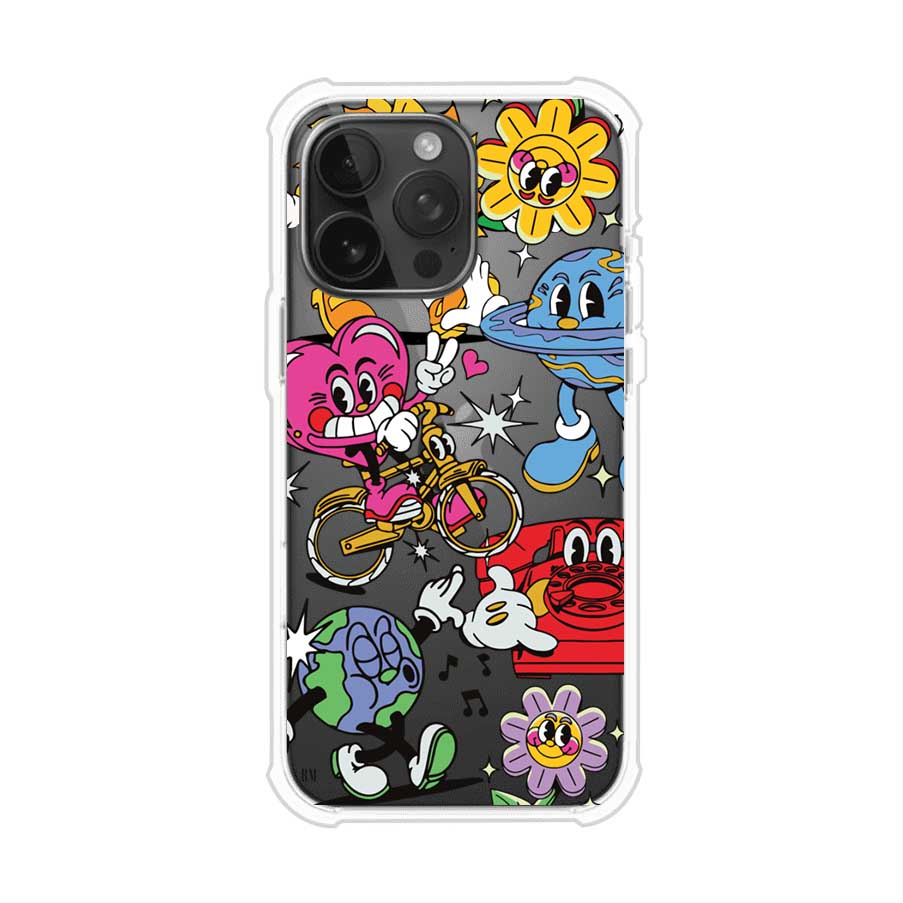 Funda personalizada para iPhone con ilustraciones coloridas de estilo pop art, creada por Nelson Art; diseño con flores, planetas, manos y personajes animados, producto de Remark MX