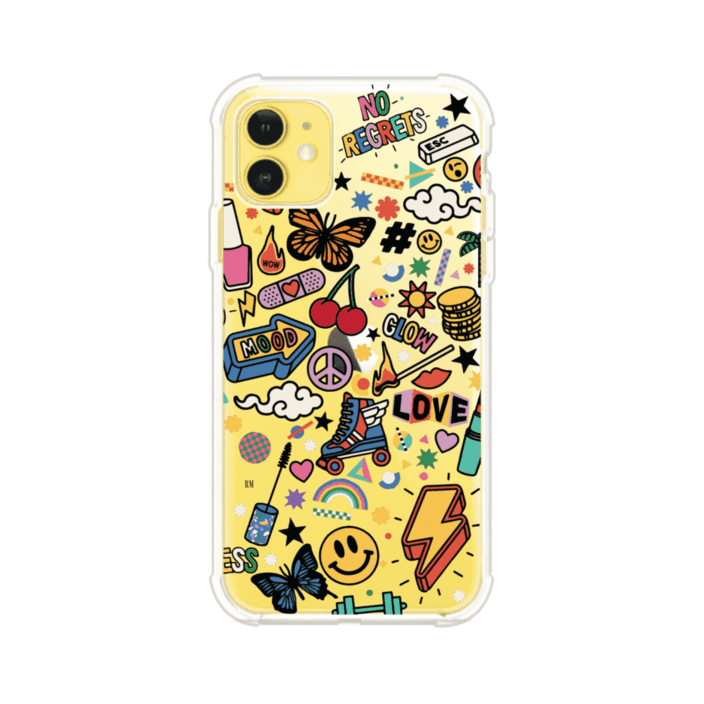 Funda personalizada para iPhone con diseño de stickers coloridos estilo pop art, con mensajes como 'Love', 'Glow', 'Mood' y 'No Regrets', ideal para vibes positivas; producto de Remark MX
