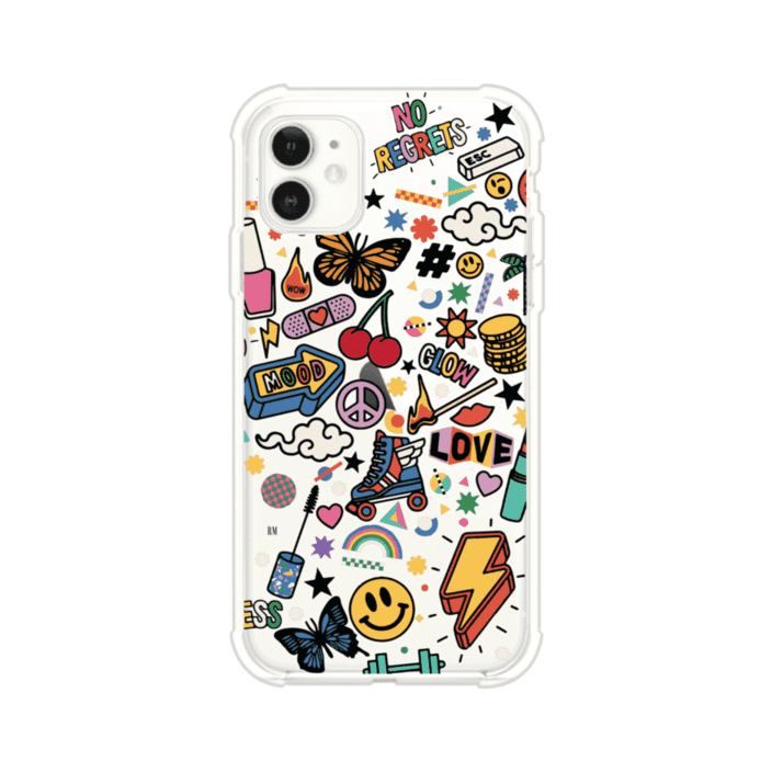 Funda personalizada para iPhone con diseño de stickers coloridos estilo pop art, con mensajes como 'Love', 'Glow', 'Mood' y 'No Regrets', ideal para vibes positivas; producto de Remark MX