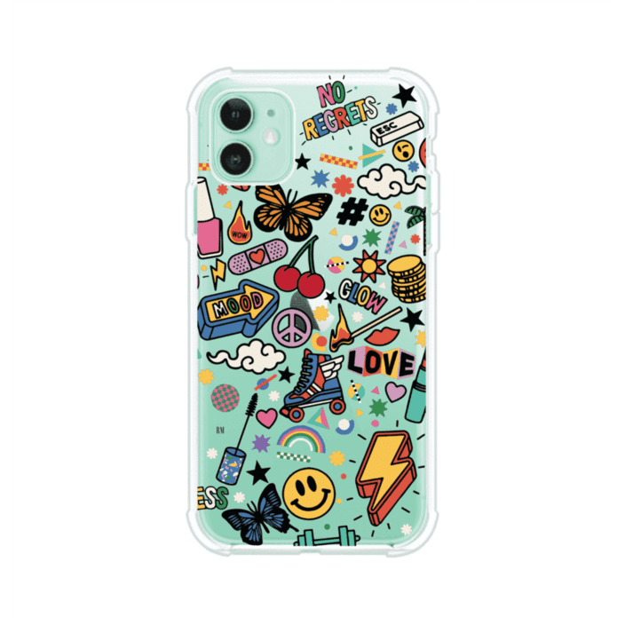 Funda personalizada para iPhone con diseño de stickers coloridos estilo pop art, con mensajes como 'Love', 'Glow', 'Mood' y 'No Regrets', ideal para vibes positivas; producto de Remark MX