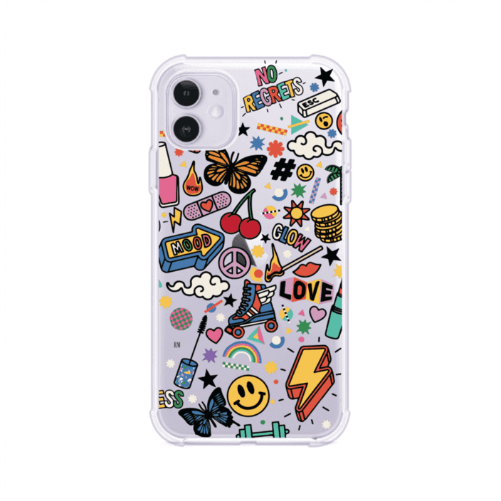 Funda personalizada para iPhone con diseño de stickers coloridos estilo pop art, con mensajes como 'Love', 'Glow', 'Mood' y 'No Regrets', ideal para vibes positivas; producto de Remark MX