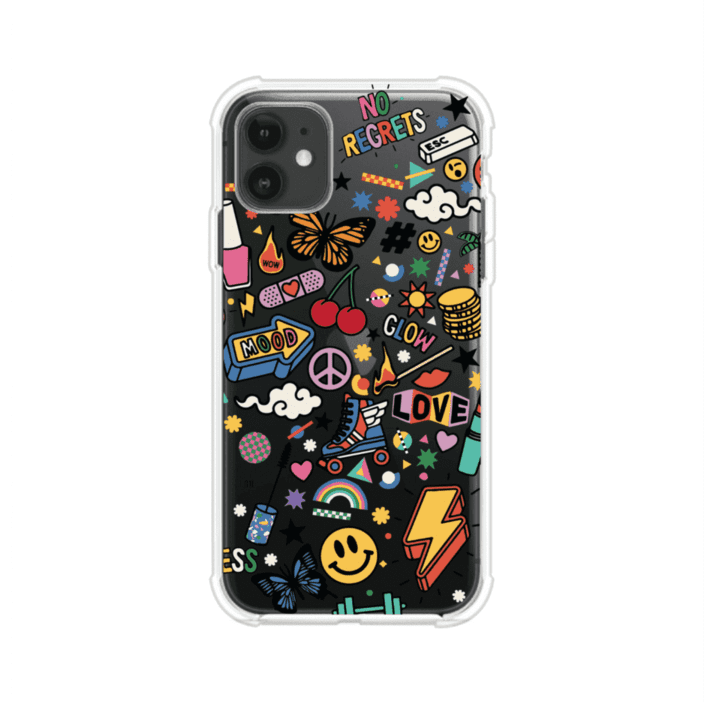 Funda personalizada para iPhone con diseño de stickers coloridos estilo pop art, con mensajes como 'Love', 'Glow', 'Mood' y 'No Regrets', ideal para vibes positivas; producto de Remark MX