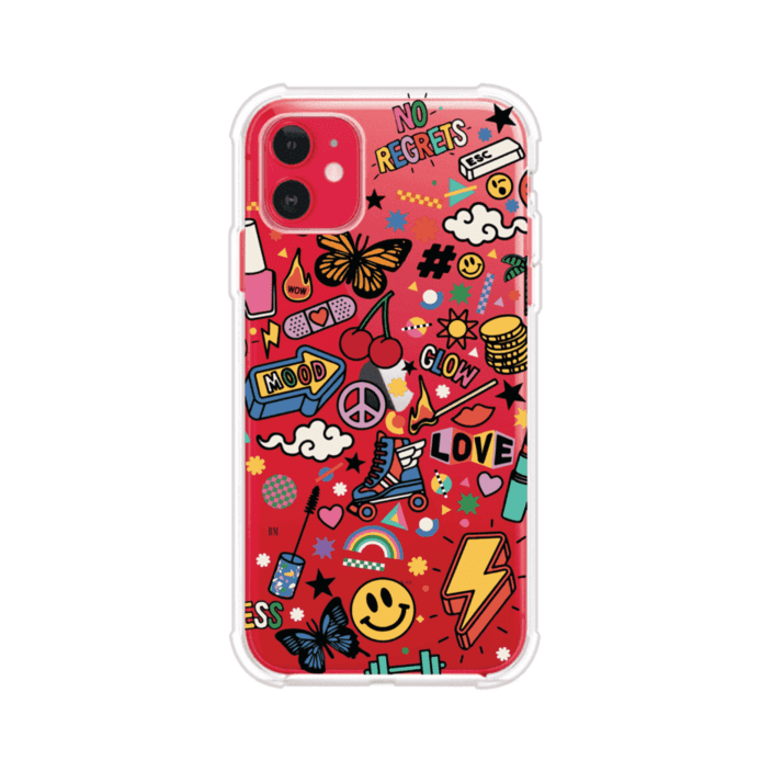 Funda personalizada para iPhone con diseño de stickers coloridos estilo pop art, con mensajes como 'Love', 'Glow', 'Mood' y 'No Regrets', ideal para vibes positivas; producto de Remark MX