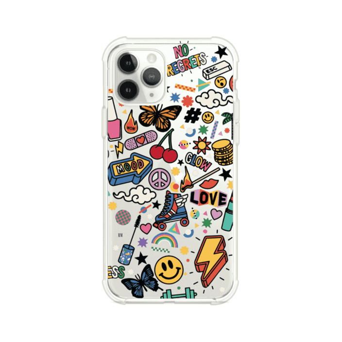 Funda personalizada para iPhone con diseño de stickers coloridos estilo pop art, con mensajes como 'Love', 'Glow', 'Mood' y 'No Regrets', ideal para vibes positivas; producto de Remark MX