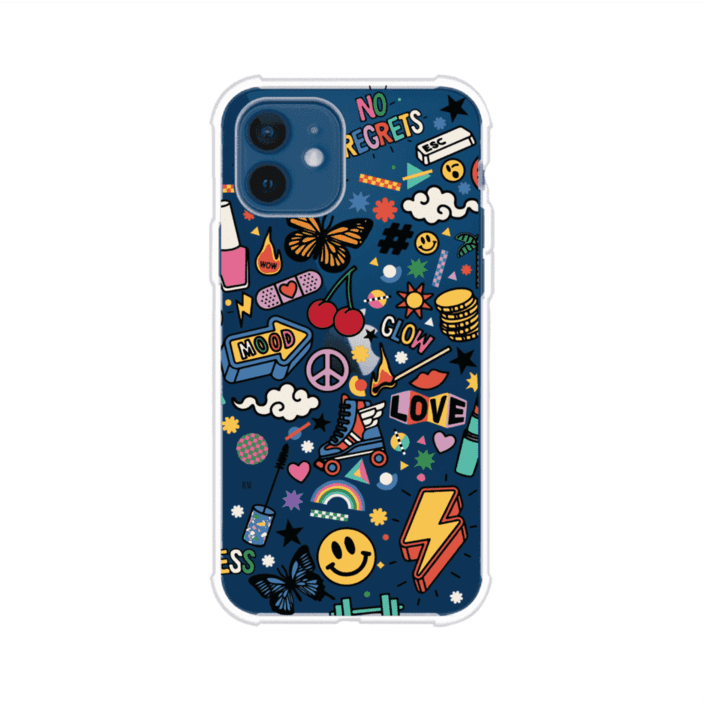 Funda personalizada para iPhone con diseño de stickers coloridos estilo pop art, con mensajes como 'Love', 'Glow', 'Mood' y 'No Regrets', ideal para vibes positivas; producto de Remark MX