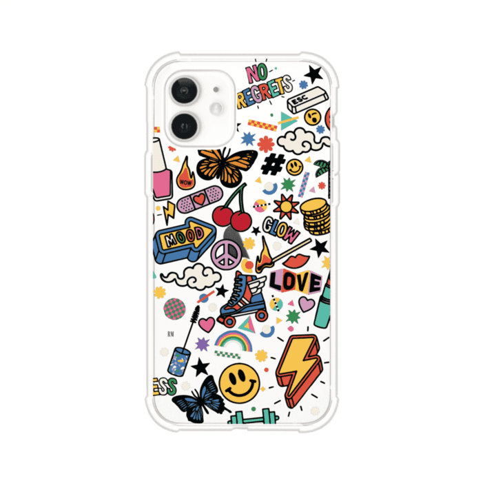 Funda personalizada para iPhone con diseño de stickers coloridos estilo pop art, con mensajes como 'Love', 'Glow', 'Mood' y 'No Regrets', ideal para vibes positivas; producto de Remark MX