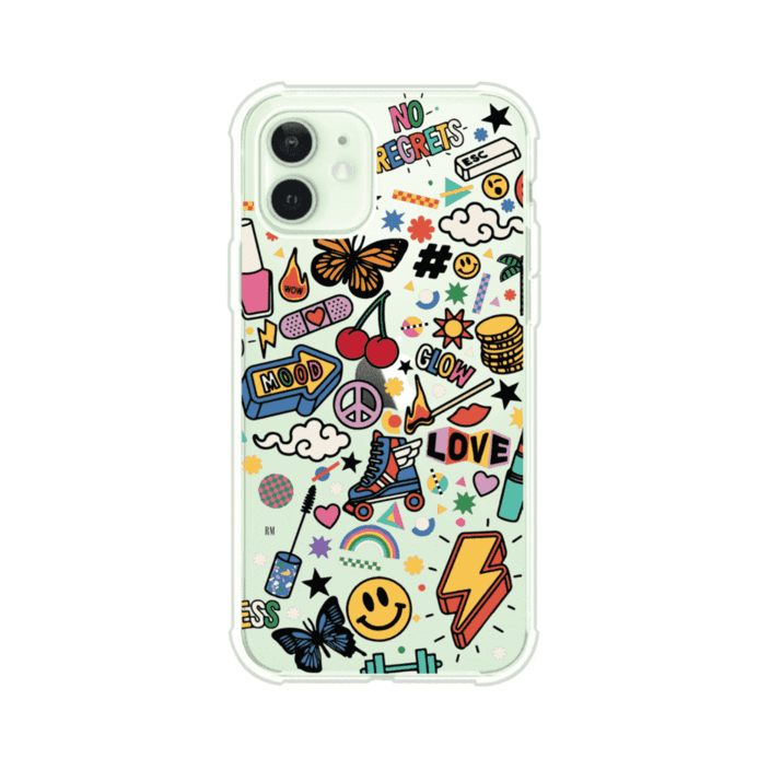 Funda personalizada para iPhone con diseño de stickers coloridos estilo pop art, con mensajes como 'Love', 'Glow', 'Mood' y 'No Regrets', ideal para vibes positivas; producto de Remark MX