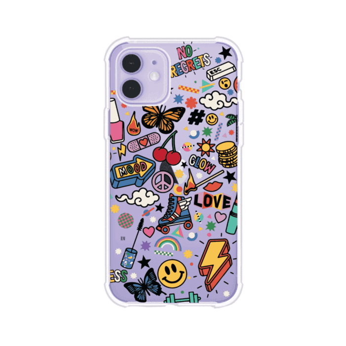 Funda personalizada para iPhone con diseño de stickers coloridos estilo pop art, con mensajes como 'Love', 'Glow', 'Mood' y 'No Regrets', ideal para vibes positivas; producto de Remark MX