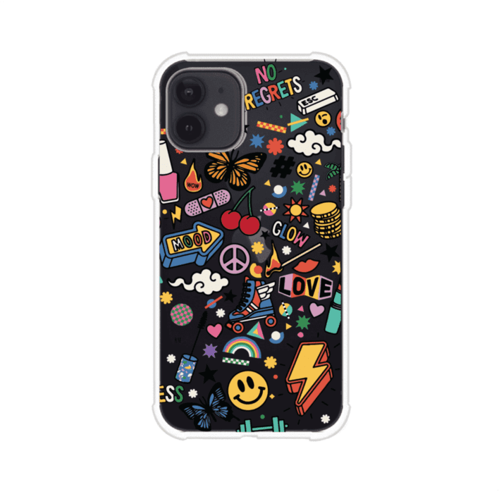 Funda personalizada para iPhone con diseño de stickers coloridos estilo pop art, con mensajes como 'Love', 'Glow', 'Mood' y 'No Regrets', ideal para vibes positivas; producto de Remark MX