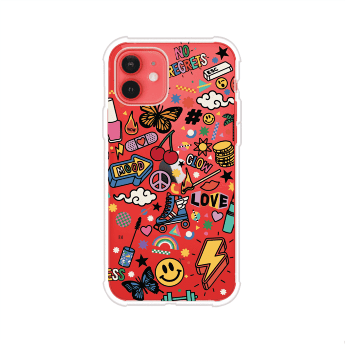 Funda personalizada para iPhone con diseño de stickers coloridos estilo pop art, con mensajes como 'Love', 'Glow', 'Mood' y 'No Regrets', ideal para vibes positivas; producto de Remark MX