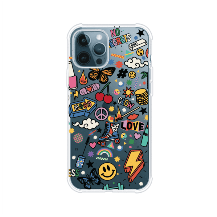 Funda personalizada para iPhone con diseño de stickers coloridos estilo pop art, con mensajes como 'Love', 'Glow', 'Mood' y 'No Regrets', ideal para vibes positivas; producto de Remark MX