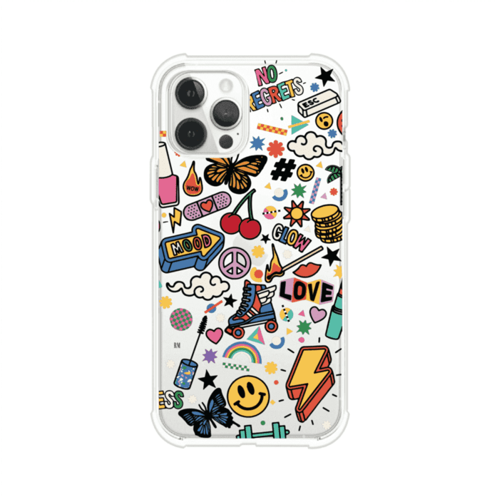 Funda personalizada para iPhone con diseño de stickers coloridos estilo pop art, con mensajes como 'Love', 'Glow', 'Mood' y 'No Regrets', ideal para vibes positivas; producto de Remark MX