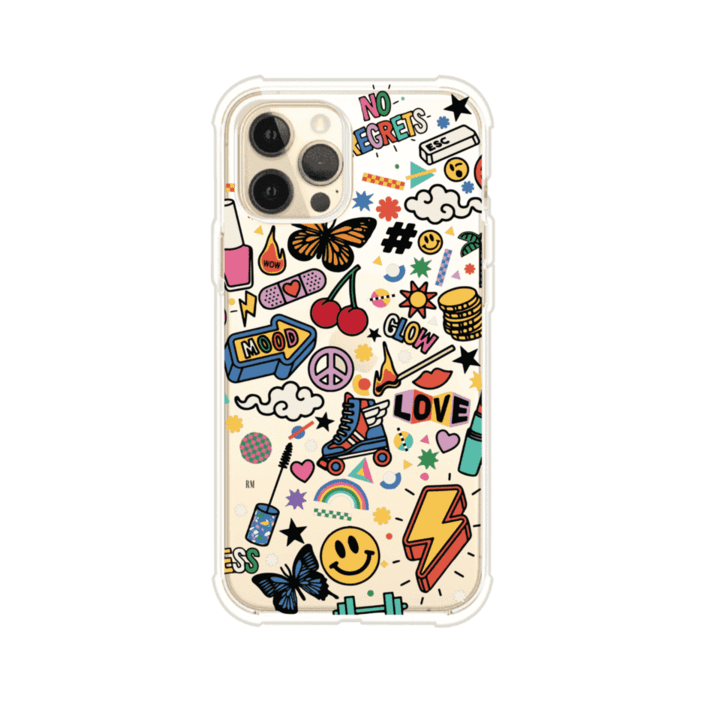 Funda personalizada para iPhone con diseño de stickers coloridos estilo pop art, con mensajes como 'Love', 'Glow', 'Mood' y 'No Regrets', ideal para vibes positivas; producto de Remark MX