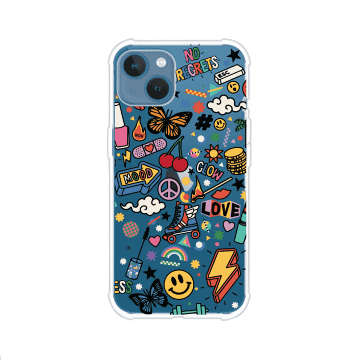 Funda personalizada para iPhone con diseño de stickers coloridos estilo pop art, con mensajes como 'Love', 'Glow', 'Mood' y 'No Regrets', ideal para vibes positivas; producto de Remark MX