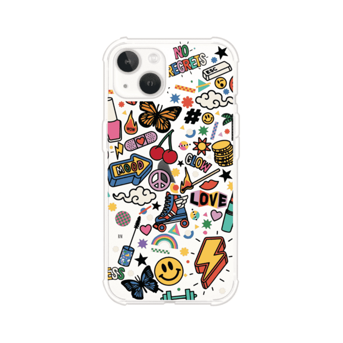 Funda personalizada para iPhone con diseño de stickers coloridos estilo pop art, con mensajes como 'Love', 'Glow', 'Mood' y 'No Regrets', ideal para vibes positivas; producto de Remark MX