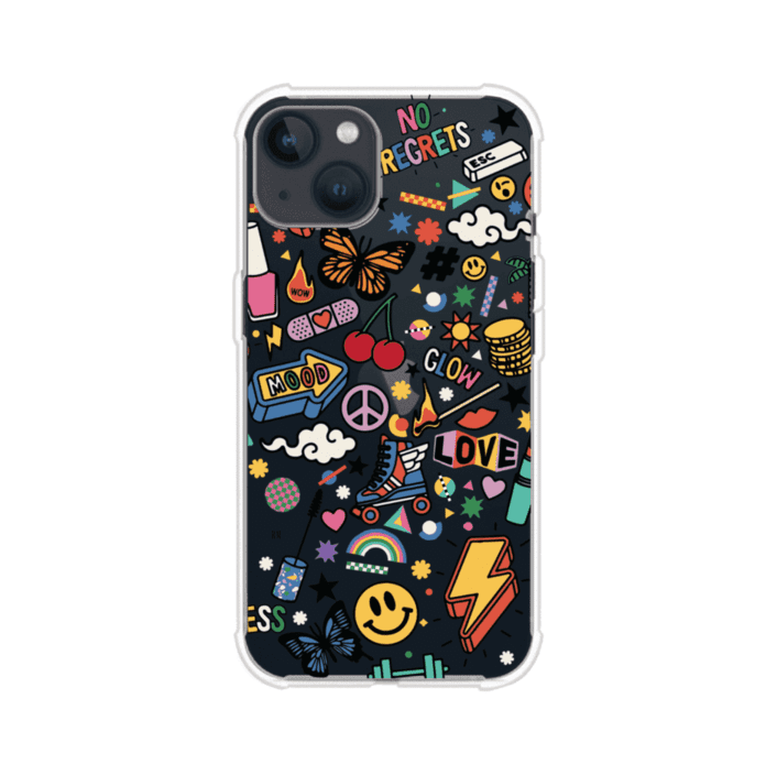 Funda personalizada para iPhone con diseño de stickers coloridos estilo pop art, con mensajes como 'Love', 'Glow', 'Mood' y 'No Regrets', ideal para vibes positivas; producto de Remark MX
