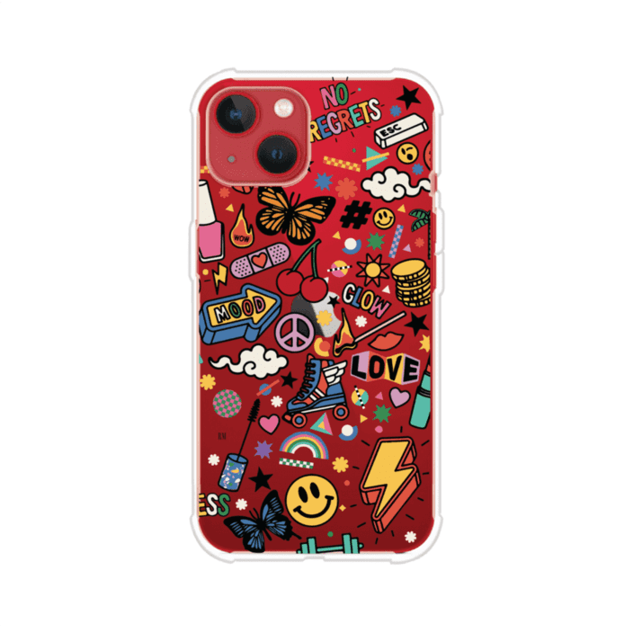 Funda personalizada para iPhone con diseño de stickers coloridos estilo pop art, con mensajes como 'Love', 'Glow', 'Mood' y 'No Regrets', ideal para vibes positivas; producto de Remark MX