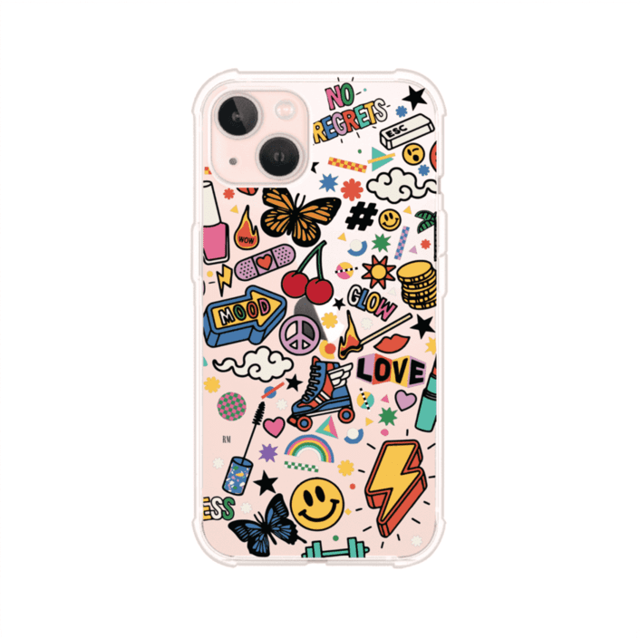 Funda personalizada para iPhone con diseño de stickers coloridos estilo pop art, con mensajes como 'Love', 'Glow', 'Mood' y 'No Regrets', ideal para vibes positivas; producto de Remark MX
