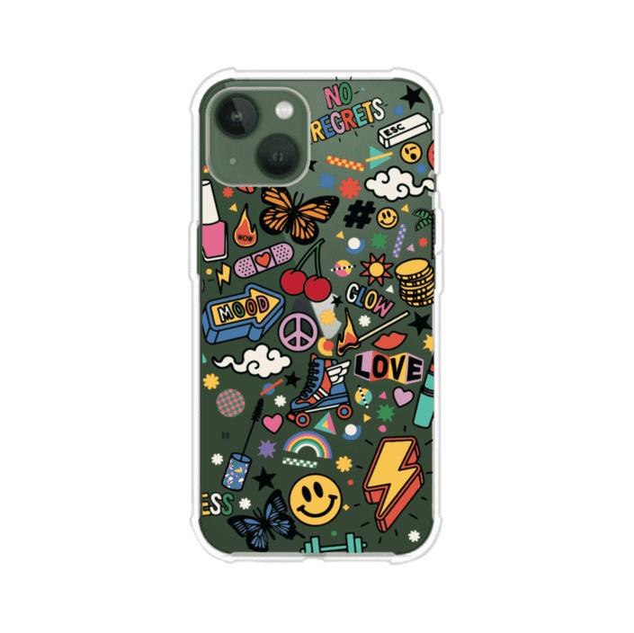 Funda personalizada para iPhone con diseño de stickers coloridos estilo pop art, con mensajes como 'Love', 'Glow', 'Mood' y 'No Regrets', ideal para vibes positivas; producto de Remark MX