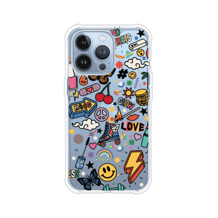 Funda personalizada para iPhone con diseño de stickers coloridos estilo pop art, con mensajes como 'Love', 'Glow', 'Mood' y 'No Regrets', ideal para vibes positivas; producto de Remark MX