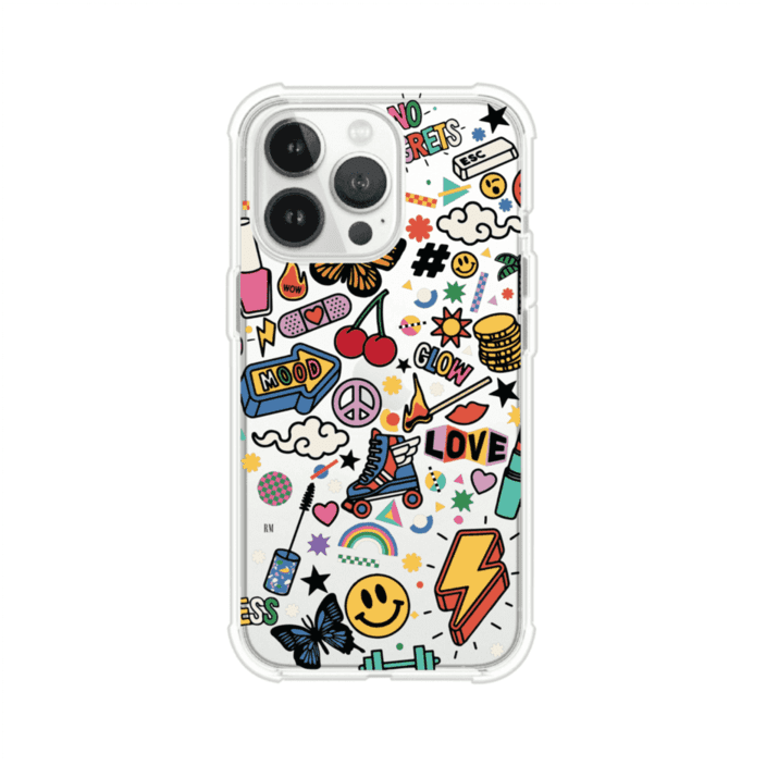 Funda personalizada para iPhone con diseño de stickers coloridos estilo pop art, con mensajes como 'Love', 'Glow', 'Mood' y 'No Regrets', ideal para vibes positivas; producto de Remark MX